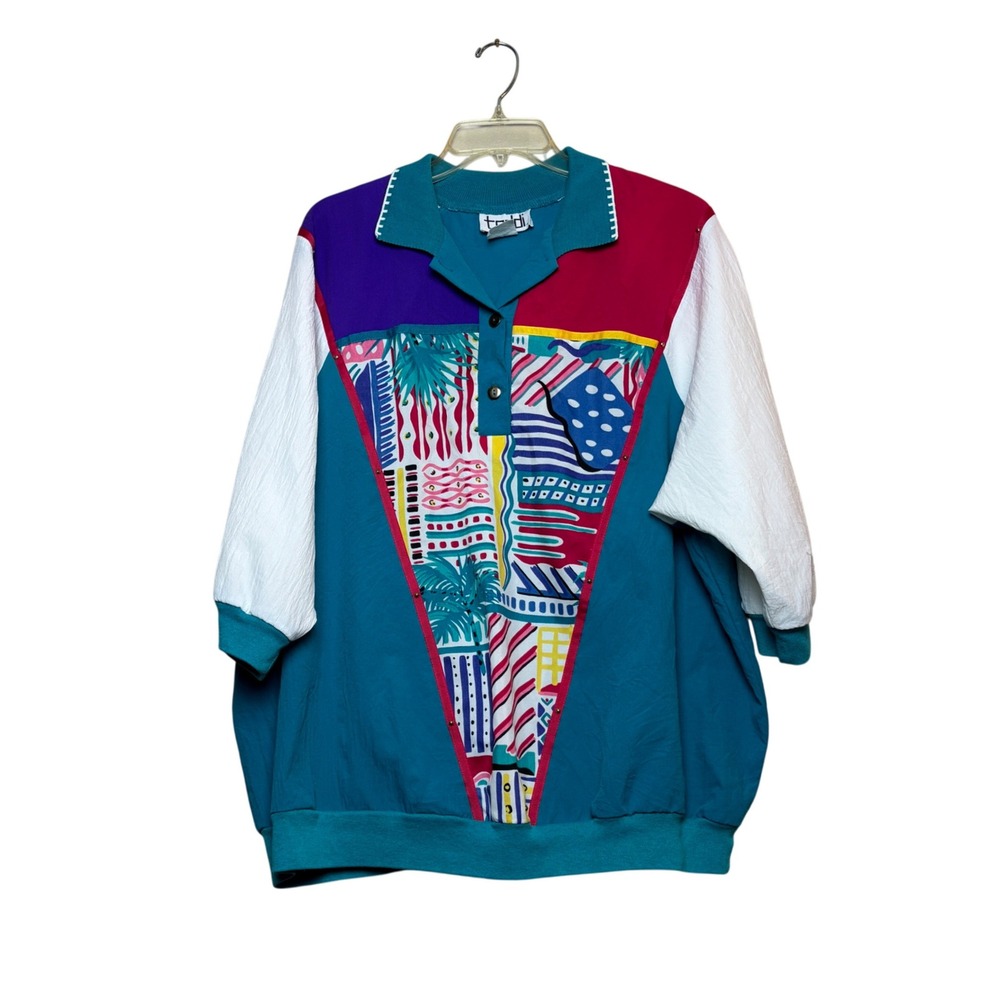 Teddi Vintage Colorblock Polo Shirt‎ Womens XL Colorful Abstract 80s Retro Funky